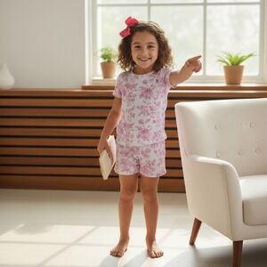 Girls Pink Floral Toile Ribbed Pajama Set Short Sleeve Shirt and Shorts NWT 4t